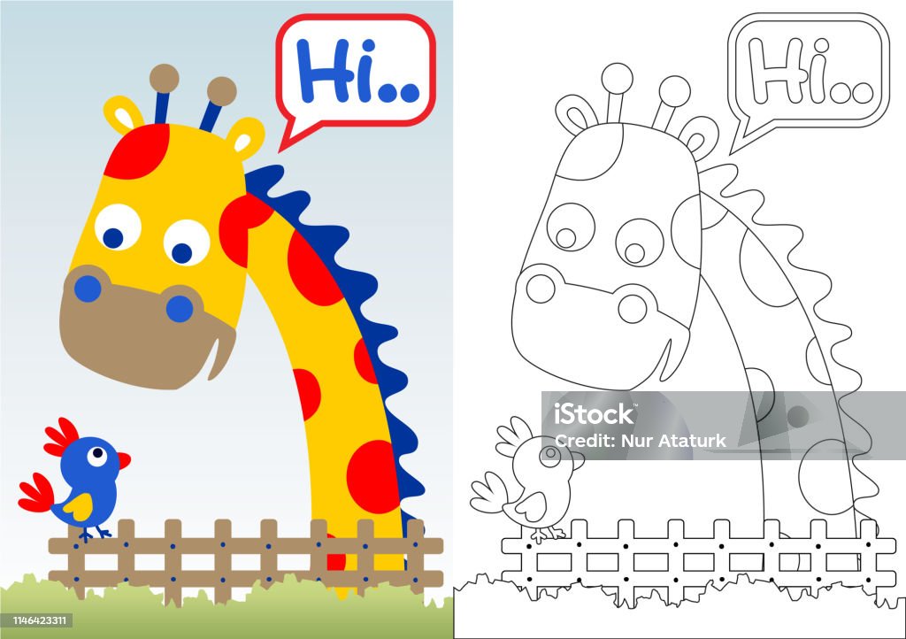 animals friendship beetwen giraffe and bird, vector cartoon, coloring book or page Animal stock vector