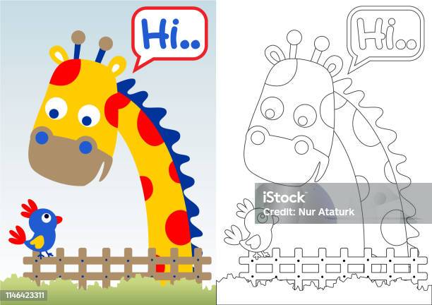 Animals Friendship Beetwen Giraffe And Bird Vector Cartoon Coloring Book Or Page Stock Illustration - Download Image Now