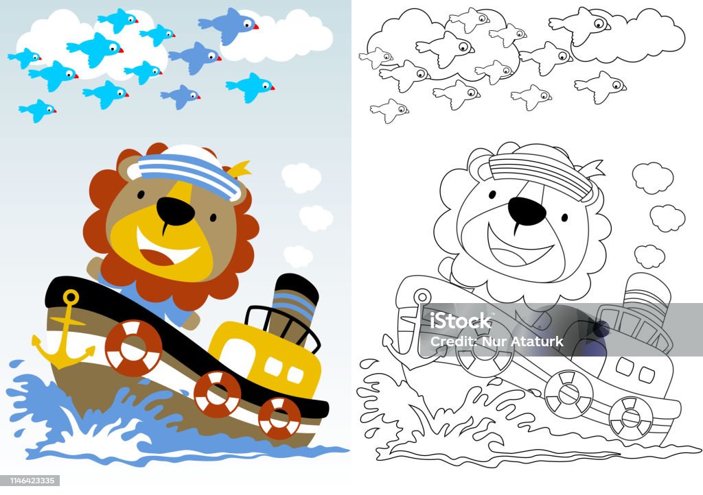 lion the sailor on boat, coloring book or page, vector cartoon Coloring Book Page - Illlustration Technique stock vector