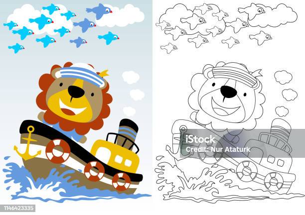 Lion The Sailor On Boat Coloring Book Or Page Vector Cartoon Stock Illustration - Download Image Now