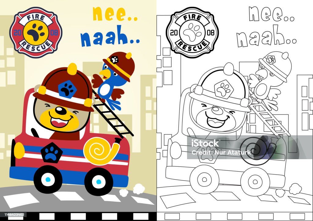 fire rescue team with funny firefighter, vector cartoon, coloring book or page Animal stock vector