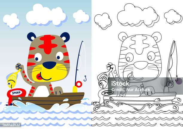 Tiger Fishing Time Vector Cartoon Coloring Bookpage Stock Illustration - Download Image Now