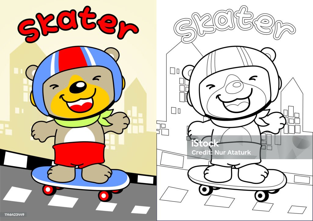 Nice bear cartoon the skateboarder, vector cartoon, coloring book or page Animal stock vector