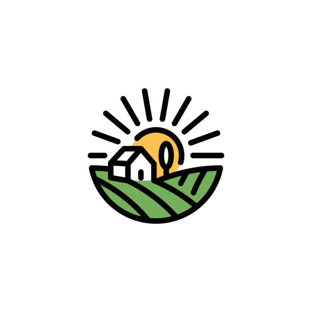 Vector Farm Field House Icon Vector farm house icon template. Line organic farming symbol illustration with field, sun, rays. Circle natural food logo background for healthy fresh eco products, farmers market farmer icons stock illustrations