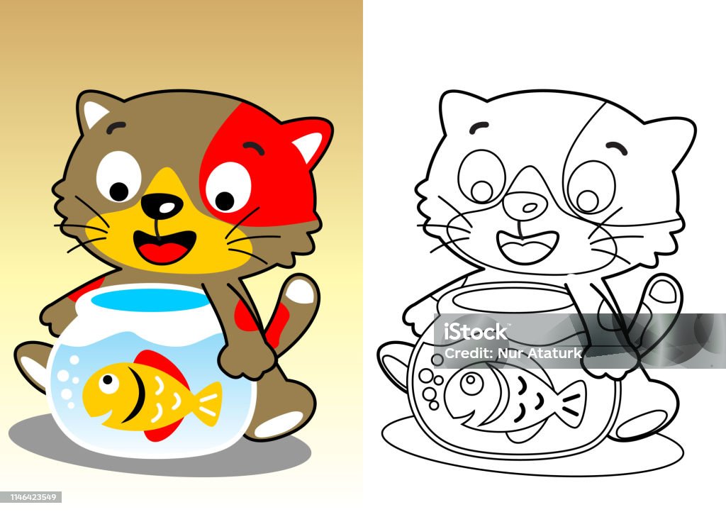 little cat with a fish in a jar, vector cartoon, coloring book or page Coloring Book Page - Illlustration Technique stock vector