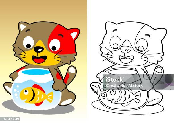 Little Cat With A Fish In A Jar Vector Cartoon Coloring Book Or Page Stock Illustration - Download Image Now