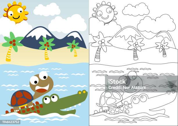 Turtle And Crocodile Playing In The Beach Coloring Book Or Page Vector Cartoon Stock Illustration - Download Image Now