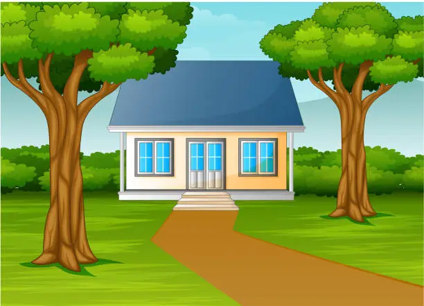 Vector illustration of little house in beautiful village with green yard