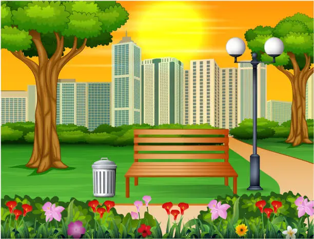 Vector illustration of Wooden bench and trash can in city park with skyscrapers background