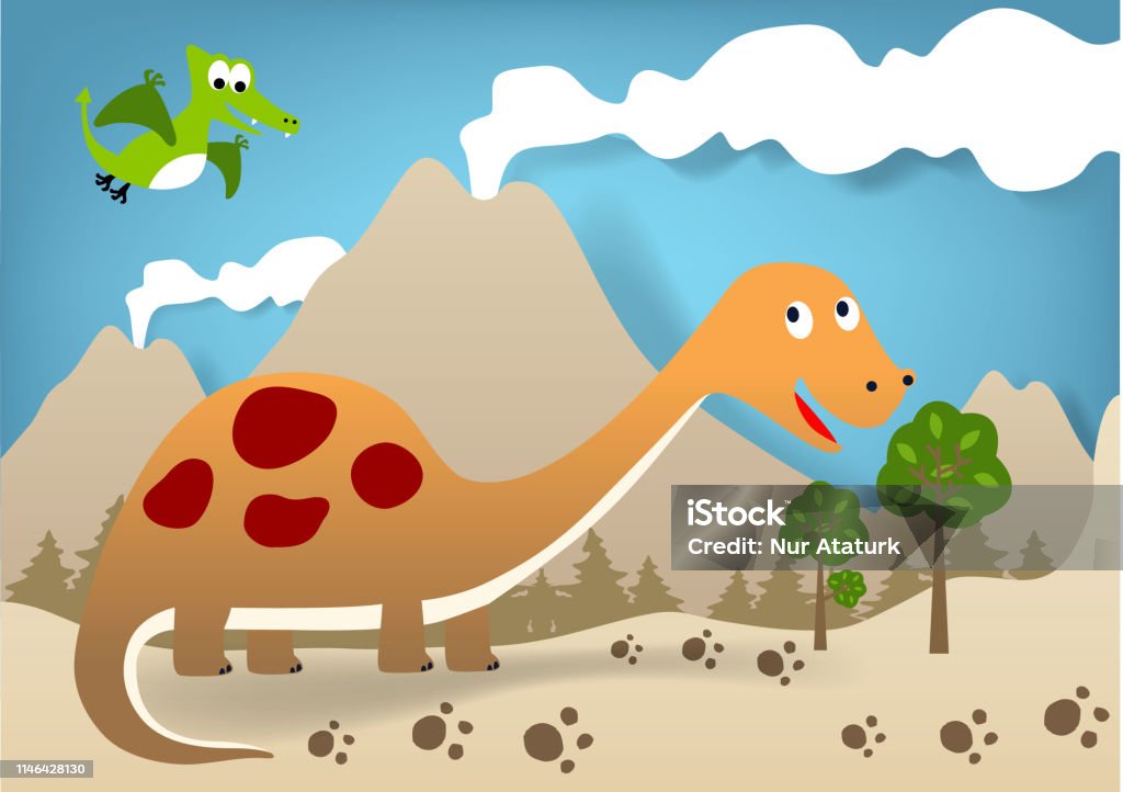 Ilustración de Dinosaurios Dibujos Animados Sobre El Fondo De Los Volcanes  Ilustración Vectorial De Dibujos Animados y más Vectores Libres de Derechos  de Pisada - iStock
