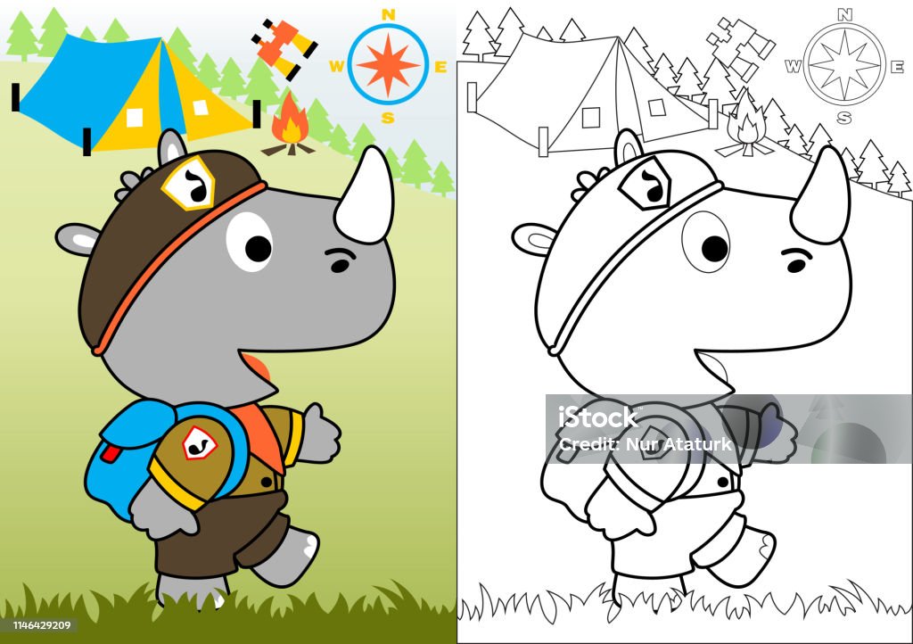 Day scout with little rhinoceros, Vector cartoon illustration, coloring book or page Coloring Book Page - Illlustration Technique stock vector