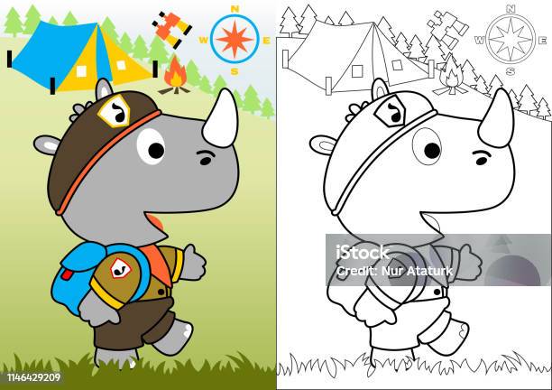 Day Scout With Little Rhinoceros Vector Cartoon Illustration Coloring Book Or Page Stock Illustration - Download Image Now