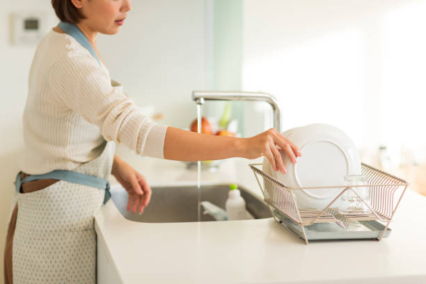 housewife washing dishes - estereótipo de dona de casa imagens e fotografias de stock