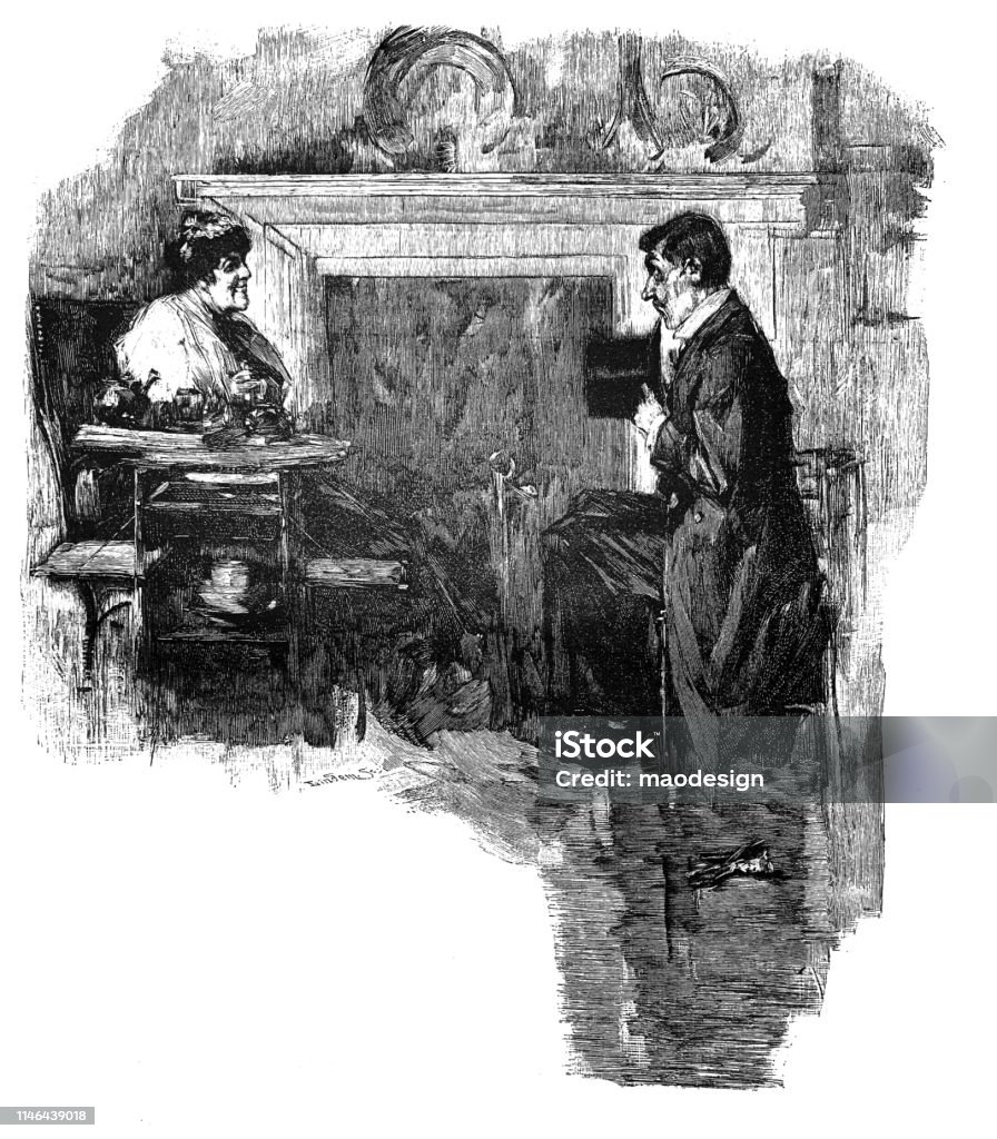 Conversation by the fireplace 1886 stock illustration