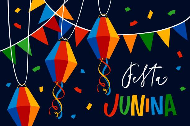 stockillustraties, clipart, cartoons en iconen met festa junina illustratie met party flags, kleurrijke papieren ballonnen en confetti. brazilië juni festival ontwerp voor wenskaart, uitnodiging of vakantie poster. - são joão