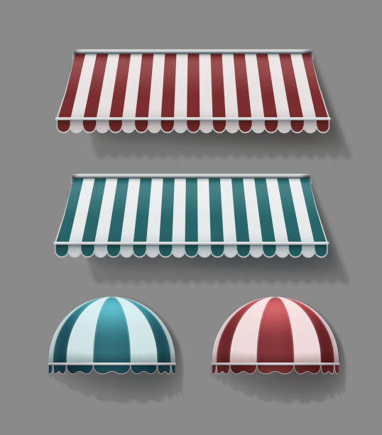 Vector set of striped retractable horizontal and rounded awnings in red and turquoise with white colors on background Vector set of striped retractable horizontal and rounded awnings in red and turquoise with white colors on gray background store wall surrounding wall facade stock illustrations