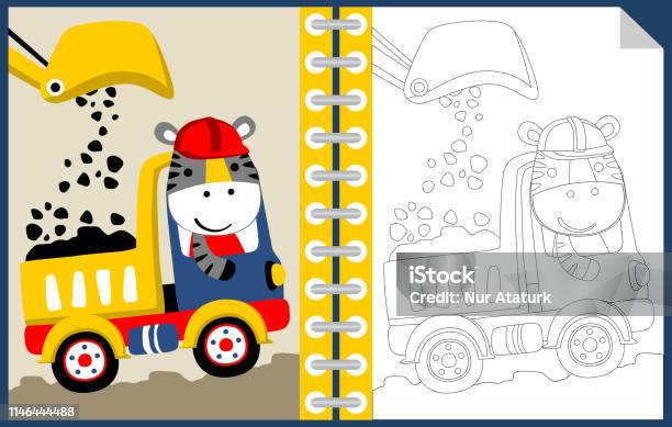 Work Zone With Funny Worker Cartoon Coloring Book Or Page Stock Illustration - Download Image Now