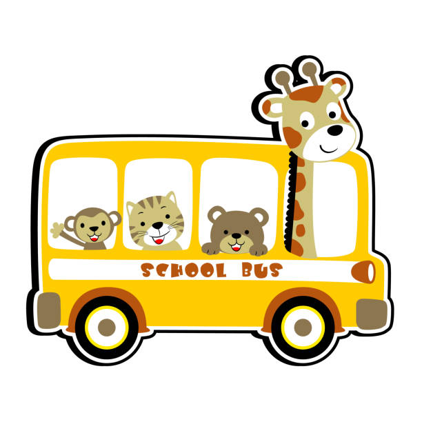 School Bus With Cute Animals Vector Cartoon Illustration Stock Illustration  - Download Image Now - iStock