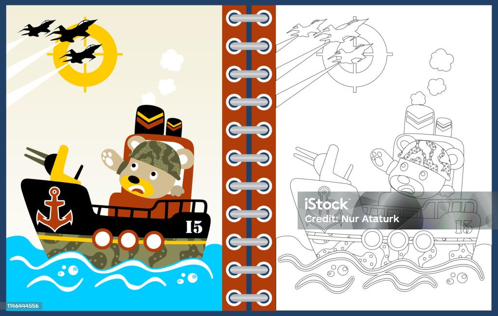 gunboat cartoon with funny soldier, coloring page or book Animal stock vector