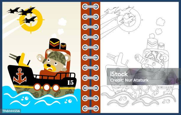 Gunboat Cartoon With Funny Soldier Coloring Page Or Book Stock Illustration - Download Image Now