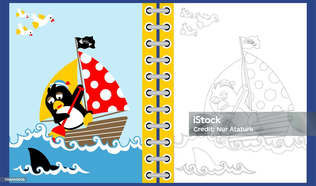 Penguin cartoon on sailboat under shark attack Animal stock vector