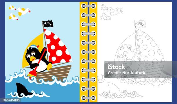 Penguin Cartoon On Sailboat Under Shark Attack Stock Illustration - Download Image Now - Animal, Bird, Blue