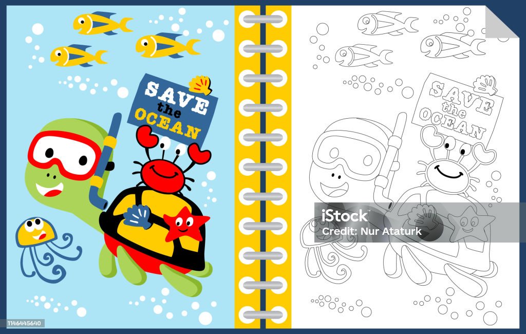 marine life vector cartoon, coloring book or page Animal stock vector
