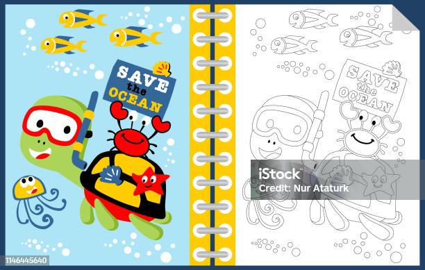 Marine Life Vector Cartoon Coloring Book Or Page Stock Illustration - Download Image Now - Animal, Blue, Book