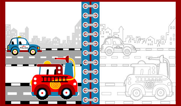 구조 팀 만화, 색칠 하기 책/페이지 - engine car truck hose stock illustrations