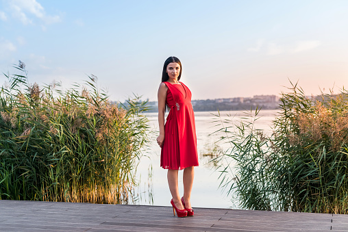 Brunette woman in a red dress on the seashore
