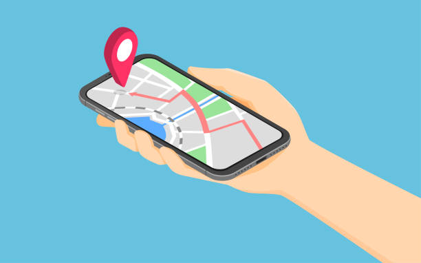 Flat 3d isometric hand holding smartphone with pinpoint on the map application vector art illustration