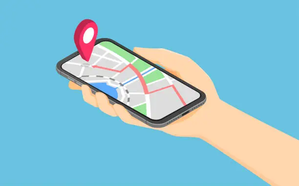 Vector illustration of Flat 3d isometric hand holding smartphone with pinpoint on the map application