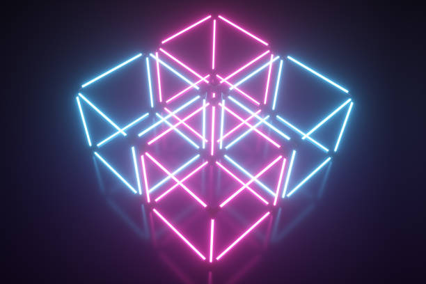 istock Four rotating glowing neon cube, fluorescent ultraviolet light, multicolored spectrum, abstract 3D illustration geometric background 1146447523