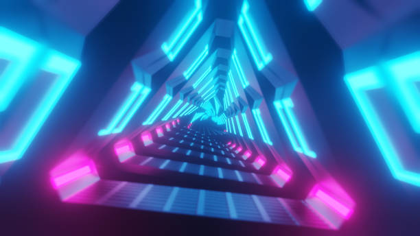 istock Flying through metallic glowing rotating neon triangles creating a tunnel, colorful spectrum, fluorescent ultraviolet light, modern colorful lighting, 3d illustration 1146447602