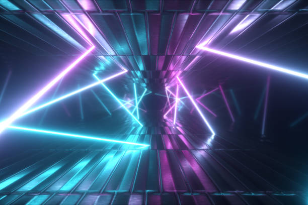 istock 3d illustration, abstract metallic texture virtual reality tunnel. Futuristic motion graphic. Ultra violet neon light glow, fluorescent light. Flying forward corridor. 1146447605