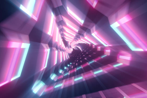 istock Flying through metallic glowing rotating neon triangles creating a tunnel, colorful spectrum, fluorescent ultraviolet light, modern colorful lighting, 3d illustration 1146447610