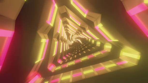 istock Flying through metallic glowing rotating neon triangles creating a tunnel, colorful spectrum, fluorescent ultraviolet light, modern colorful lighting, 3d illustration 1146447611