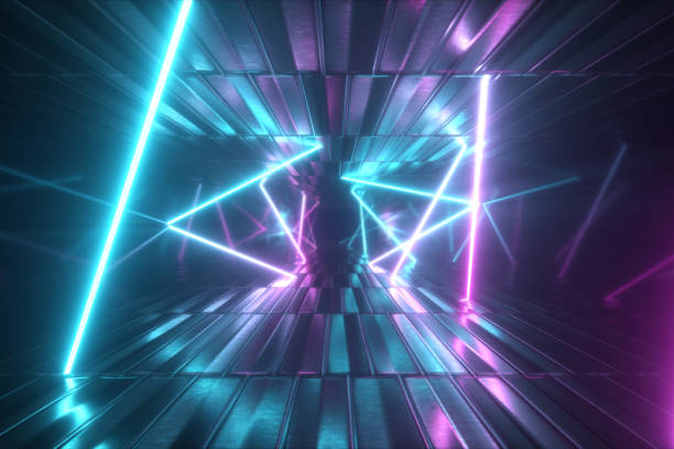 istock 3d illustration, abstract metallic texture virtual reality tunnel. Futuristic motion graphic. Ultra violet neon light glow, fluorescent light. Flying forward corridor. 1146447619
