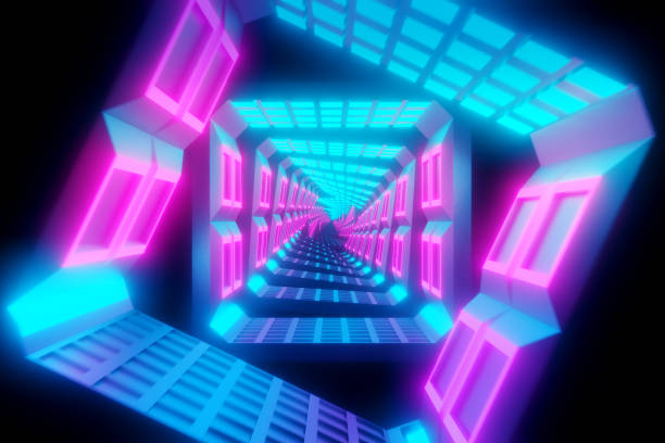 istock Flying through glowing spinning neon squares creating a tunnel, blue red pink violet spectrum, fluorescent ultraviolet light, modern colorful lighting, 3d illustration 1146447625