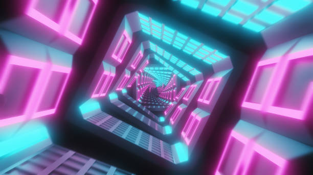 istock Flying through glowing spinning neon squares creating a tunnel, blue red pink violet spectrum, fluorescent ultraviolet light, modern colorful lighting, 3d illustration 1146447630