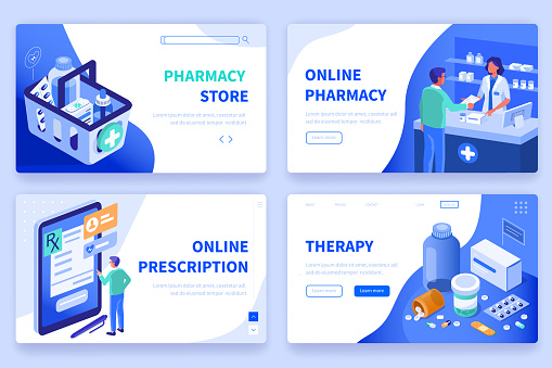 Medicine  and pharmacy banners templates. Can use for backgrounds, infographics, hero images. Flat isometric modern vector illustration.