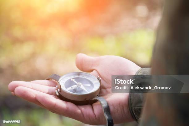 Male Hand Holds A Magnetic Compass Stock Photo - Download Image Now - Navigational Compass, Hand, Adult