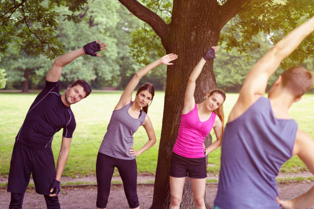 istock Four young people doing aerobics exercises 1146450943