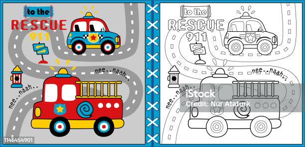 Rescue Team Cartoon Vector Coloring Page Or Book Stock Illustration - Download Image Now - Car, Book, Cartoon