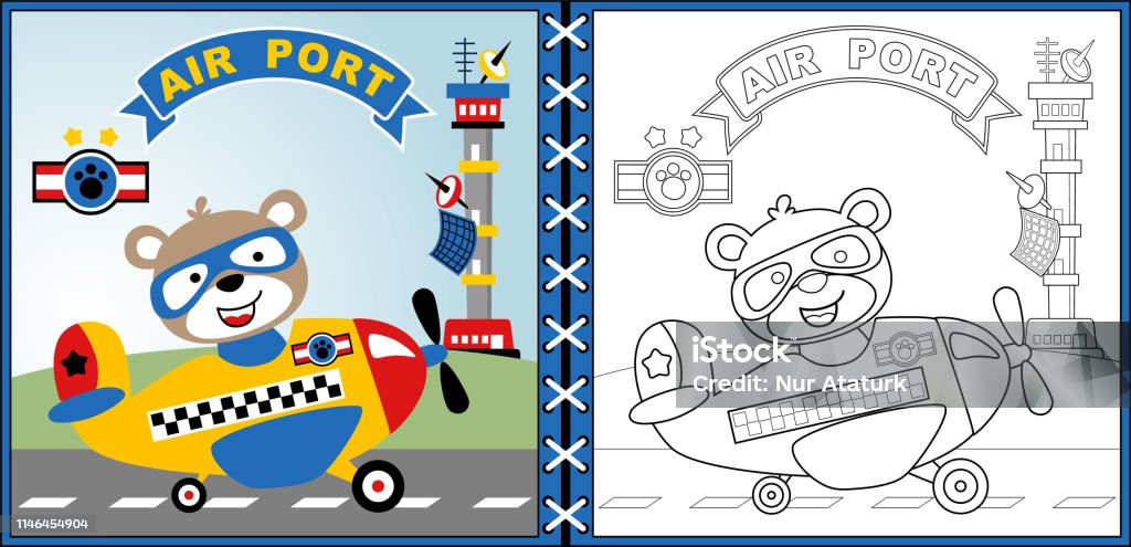 Vector of little plane with funny pilot cartoon in airport, coloring page or book Airplane stock vector