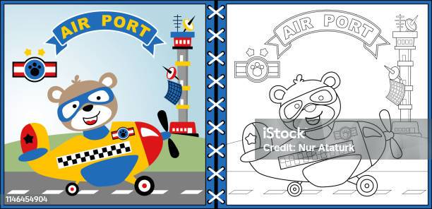 Vector Of Little Plane With Funny Pilot Cartoon In Airport Coloring Page Or Book Stock Illustration - Download Image Now