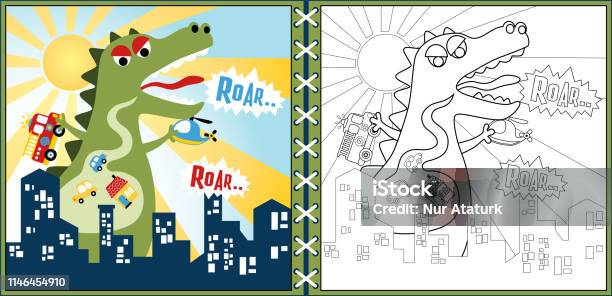 Monster Cartoon In The City Coloring Page Or Book Stock Illustration - Download Image Now - Car, Dinosaur, Animal
