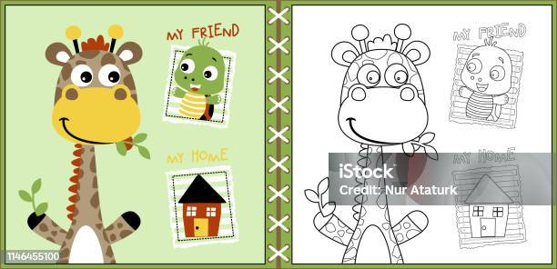 Funny Animals Cartoon With A Little Home Coloring Page Or Book Stock Illustration - Download Image Now