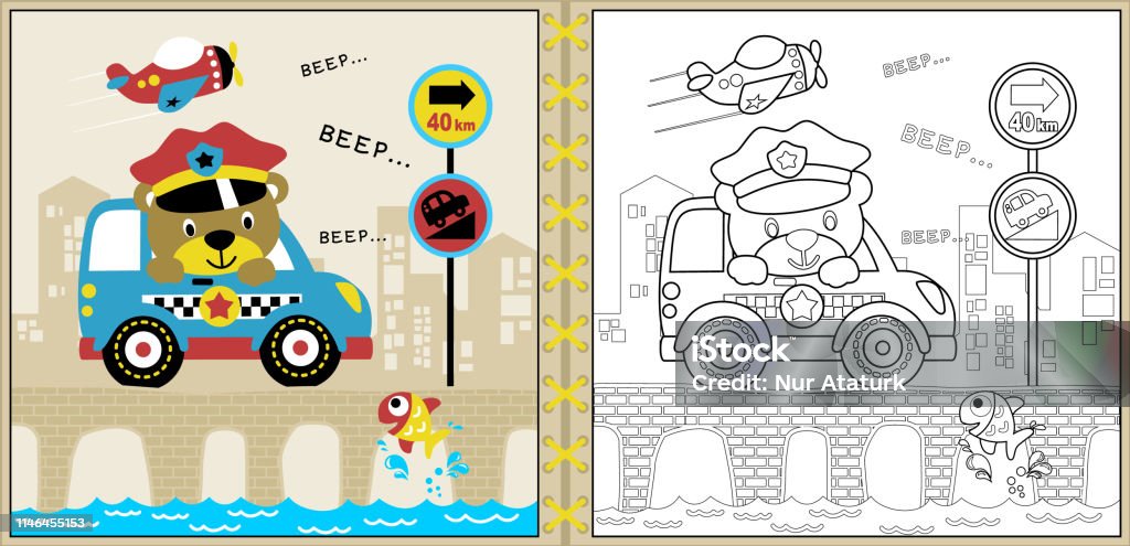 Vector of cute police cartoon with little car on bridge, coloring page or book Animal stock vector