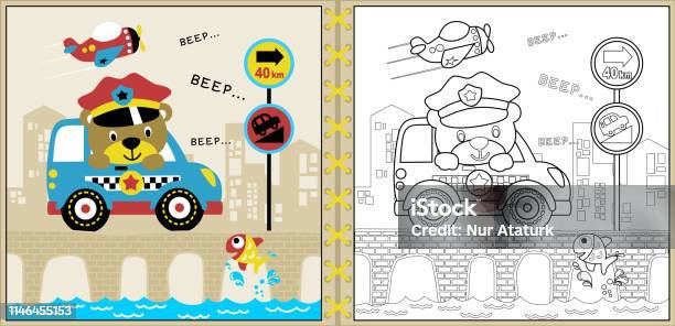 Vector Of Cute Police Cartoon With Little Car On Bridge Coloring Page Or Book Stock Illustration - Download Image Now